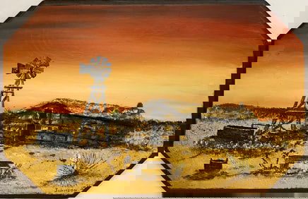 Johnson, Leah (1918-2010) "The Old Soddy" with sunset, 1975 mixed media