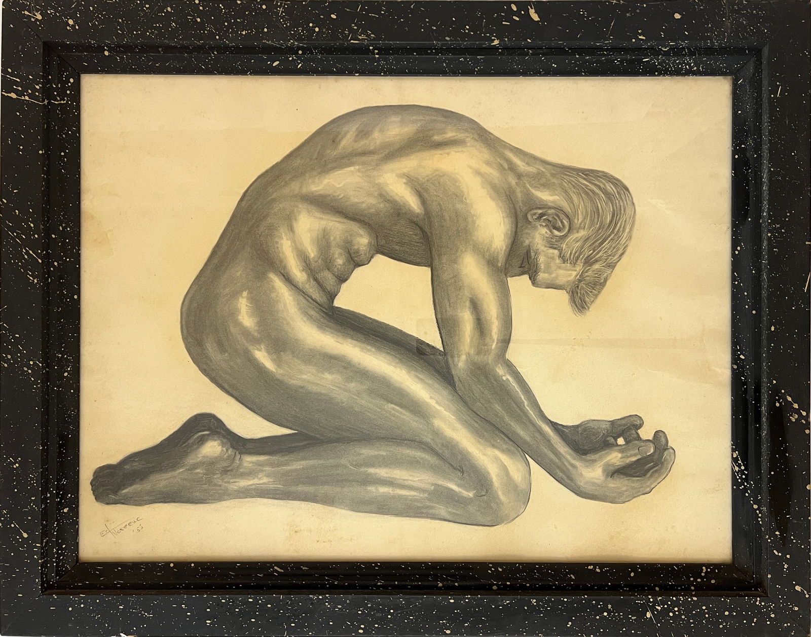 Noreeuc, Ed, untiled male nude, 1955 charcoal drawing: Ed Noreeuc, 1955 untiled nude male, charcoal drawing, signed in lower left, good condition, image size: 18 x 24.5 inches.