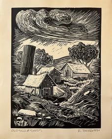 Bergen Richard (1925-2020 "Old Silo & Sheds" linoleum print
