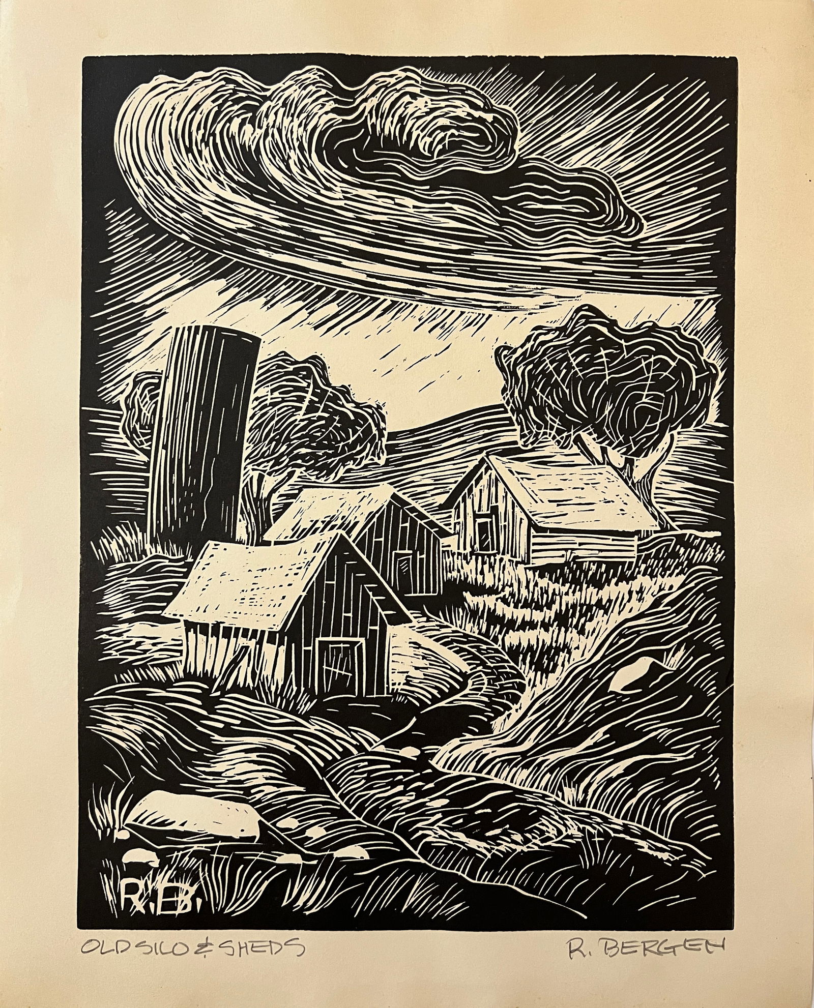 Bergen Richard (1925-2020 "Old Silo & Sheds" linoleum print (1 of 4)