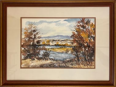Peterson, Carl (1919-2009) untitled fall landscape with river, 1977 watercolor
