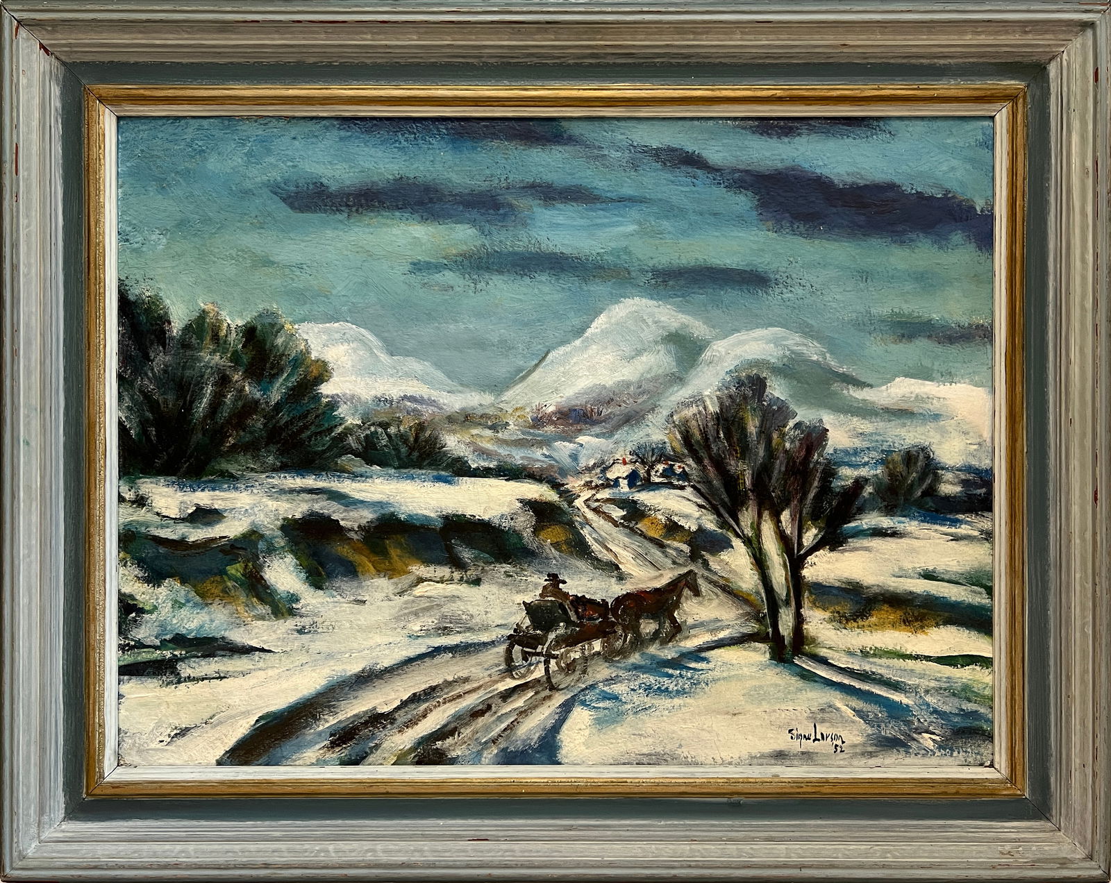 Larson, Signe (1908-1993) "Winter in Kansas" 1952 oil on board: Signe Larson (1908-1993) " Winter in Kansas" 1952 oil on board, signed in lower right, good condition, board size: 18 x 24 inches. Signe Larson (1908-1993) was born in Buxton, Iowa. She was the younge
