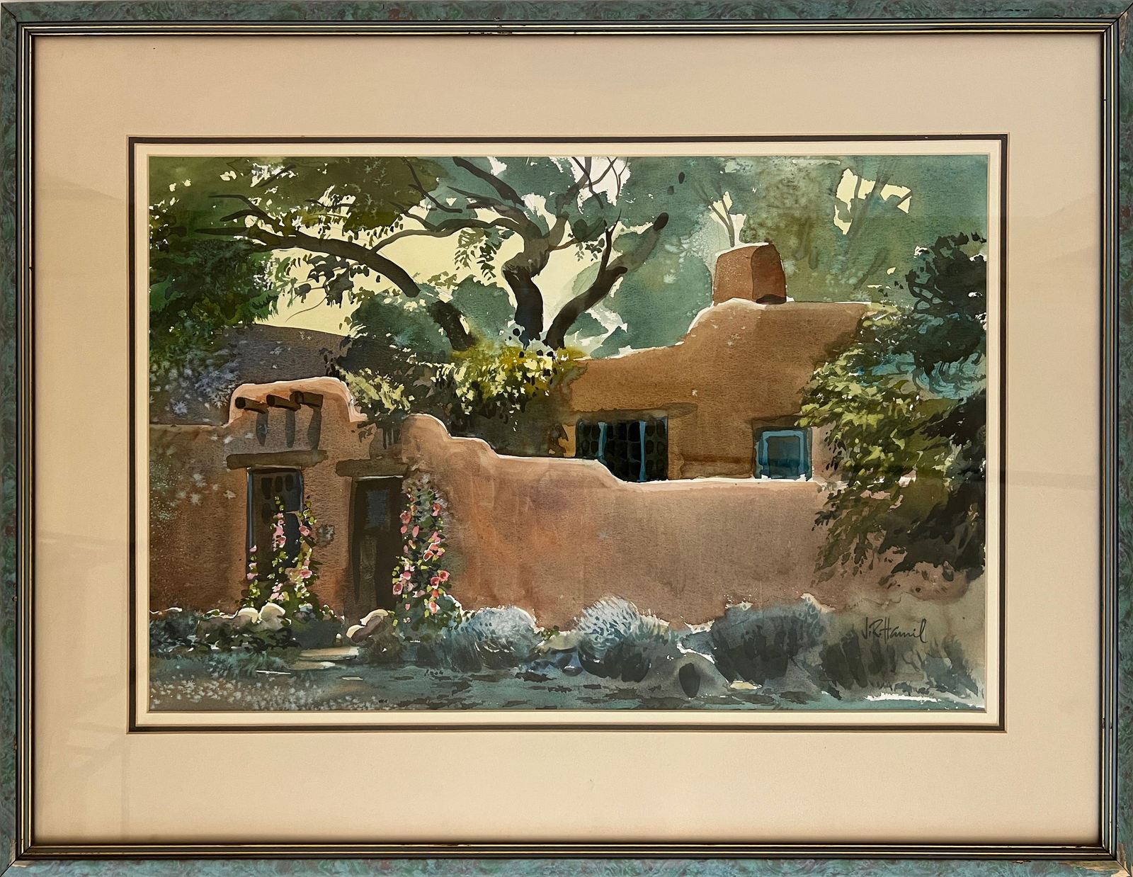 Hamil, James, (1937-2022) "Canyon Road Hollyhocks" watercolor: James Hamil (1937-2022) "Canyon Road Hollyhocks" watercolor, signed in lower right, good condition, image size: 14 x 21.5 inches. Hamil was born in Hastings, Nebraska. His father was a journalist, and