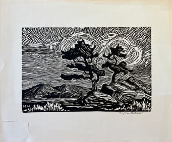 Hawthorne, Margorie W (1902-1994) untitled trees and hills, block print