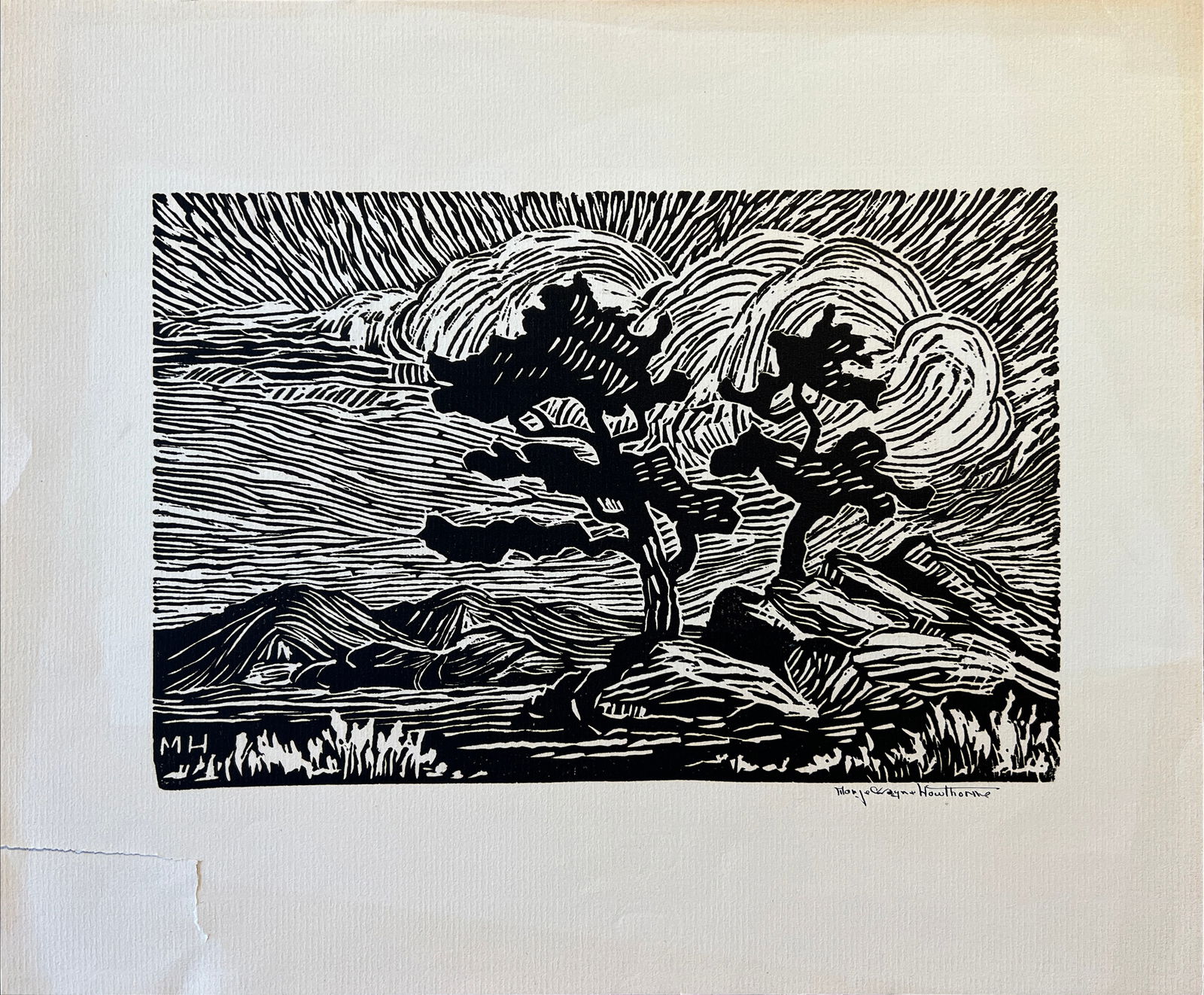 Hawthorne, Margorie W (1902-1994) untitled trees and hills, block print (1 of 5)
