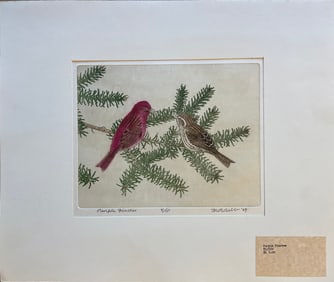 Bebb, Maurice (1891-1986) Purple Finches, 1969, 4-plate color aquatint and soft ground etching