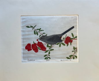 Bebb, Maurice (1891-1986) Catbird, 1969, 4-plate color aquatint and soft ground etching on silk