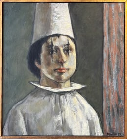 Raymer. Lester (1907-1991) Untitled. clown in white, 1972 oil on board