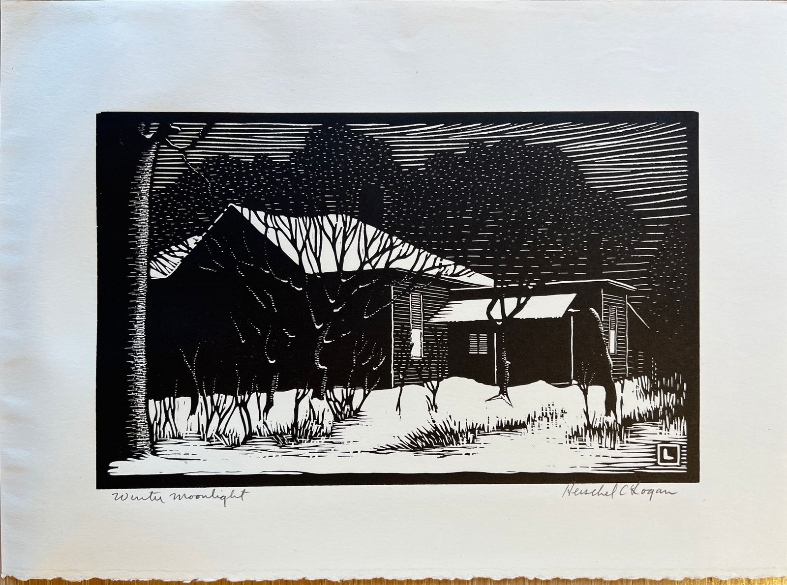 Logan, Herschel (1901-1987) Winter Moonlight, block print: Logan, Herschel (1901-1987) Winter Moonlight, block print, pencil signed in lower right, good condition, no mat or frame, image size: 5 x 8 inches. Charter member of the Prairie Print Makers. Born in