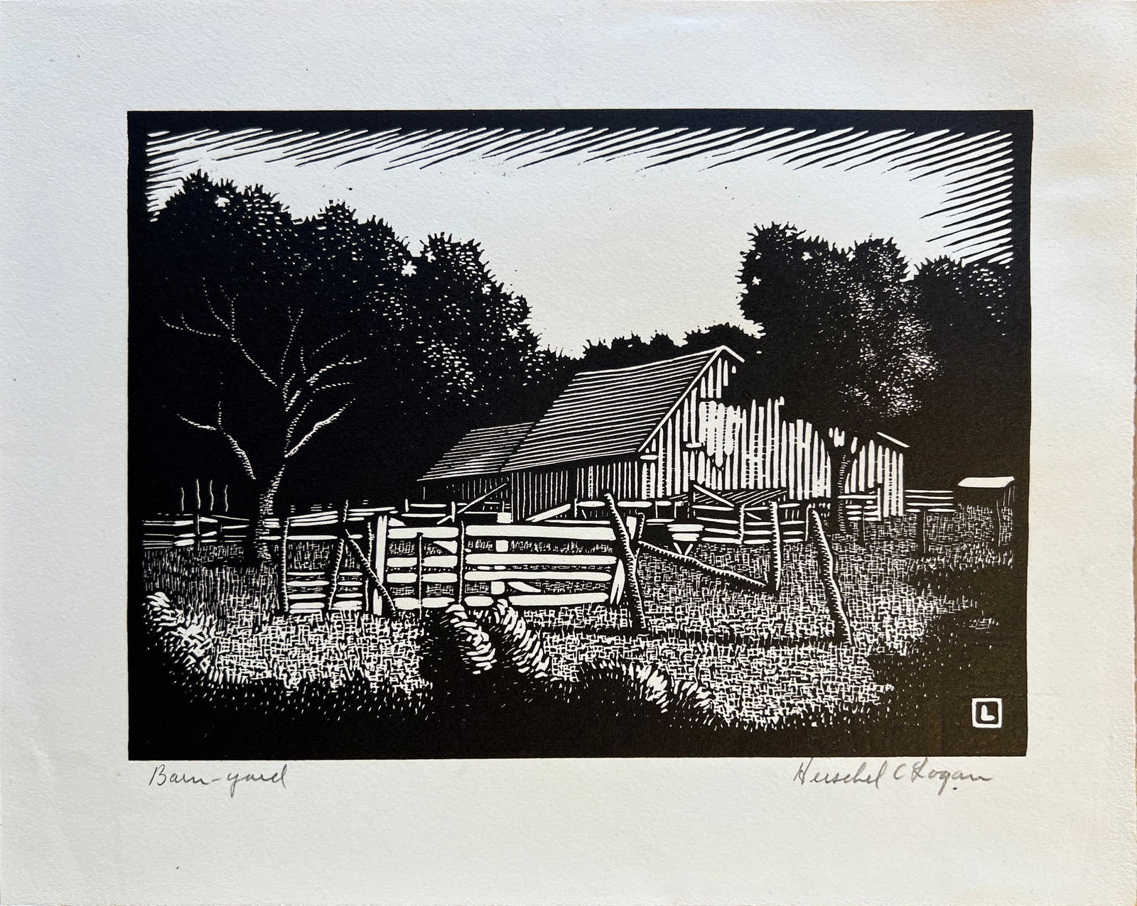 Logan, Herschel (1901-1987) Barn-yard, block print: Logan, Herschel (1901-1987) Barn-yard, block print, pencil signed in lower right, good condition, no mat or frame, image size: 5 x 7 inches. Charter member of the Prairie Print Makers. Born in Magnoli