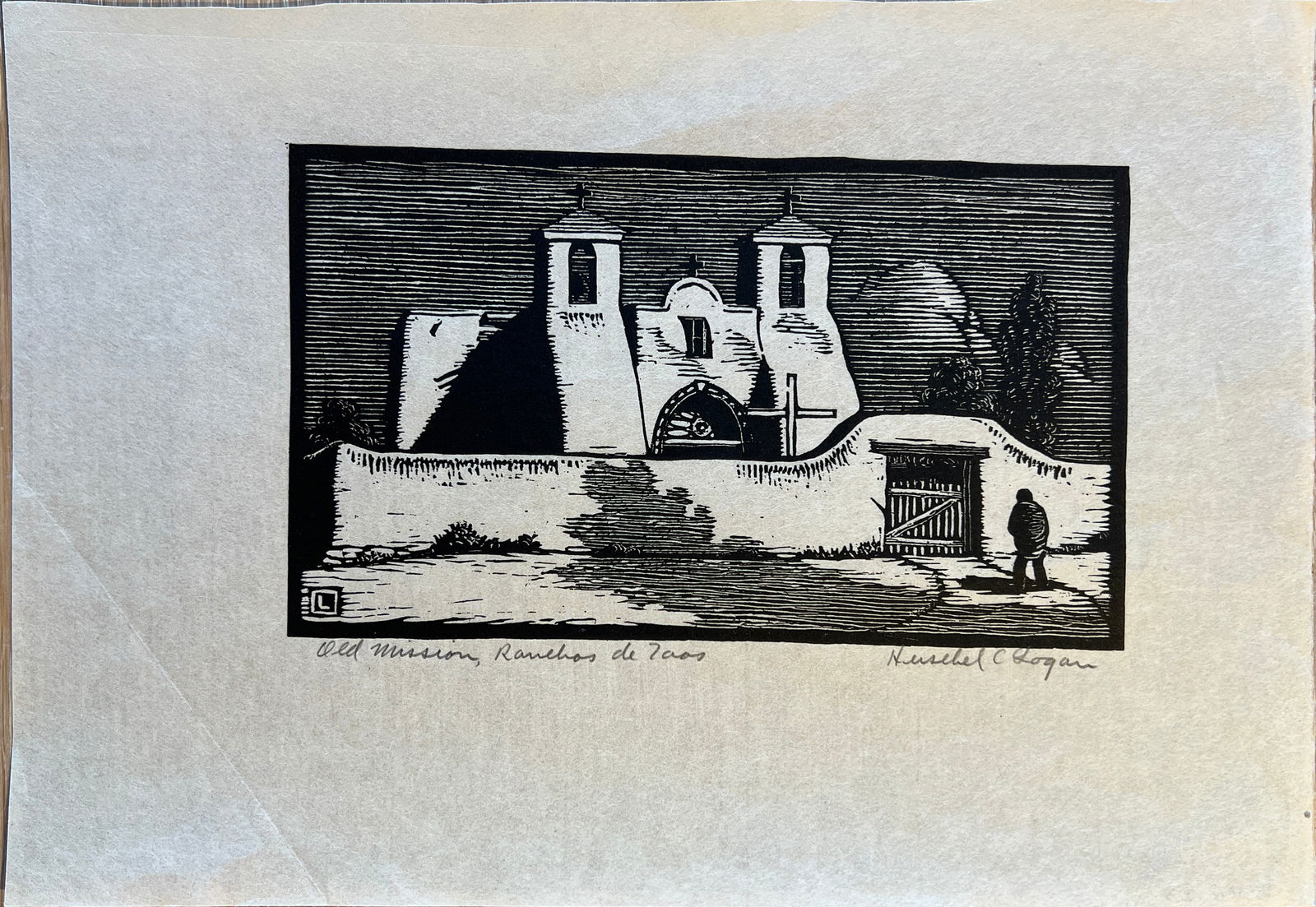Logan, Herschel (1901-1987) Old Mission, Ranchos de Toas, block print: Logan, Herschel (1901-1987) Old Mission, Ranchos de Taos, block print, pencil signed in lower right, good condition, no mat or frame, image size: 4 x 7.75 inches. Charter member of the Prairie Print M