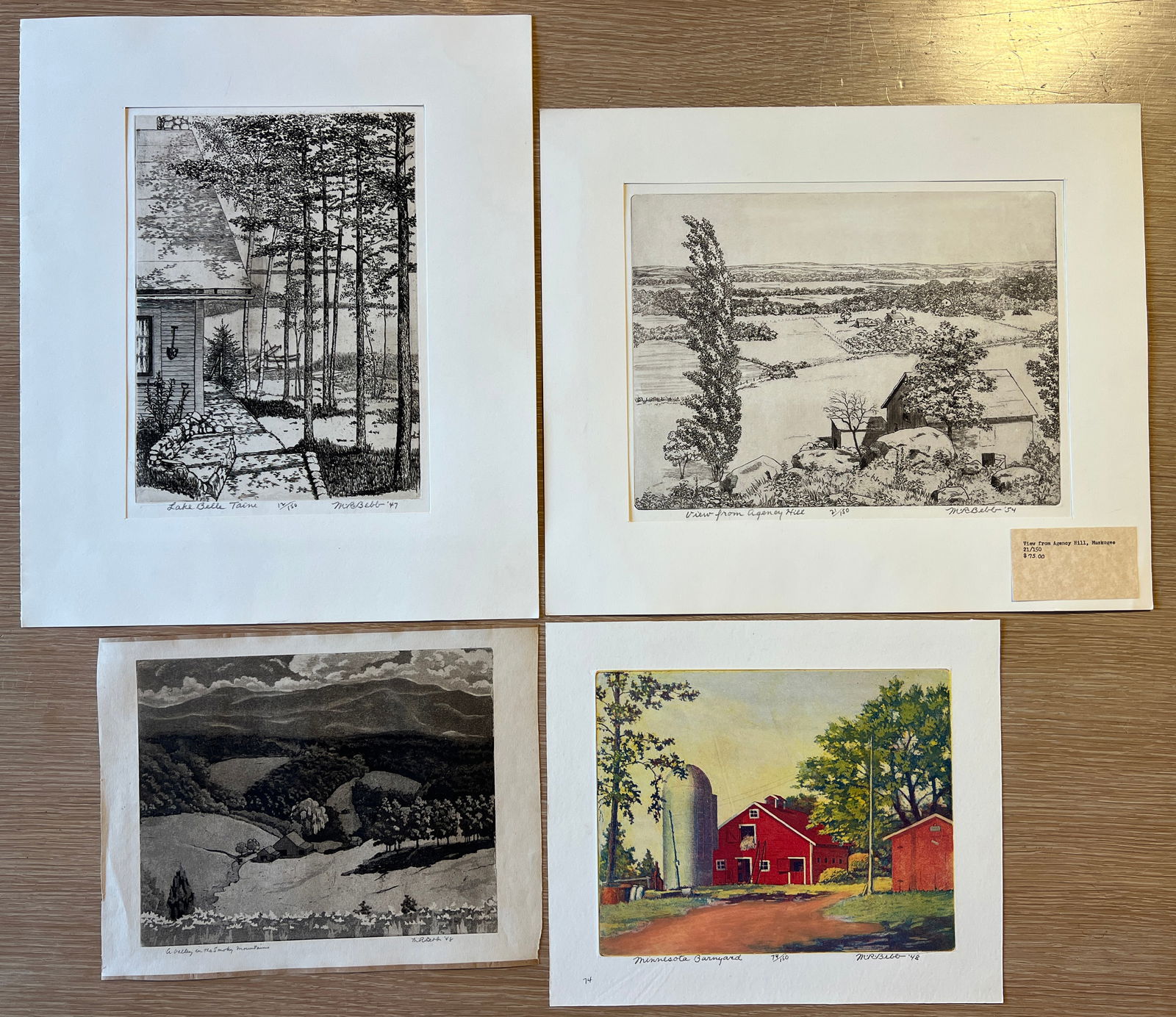 Bebb, Maurice (1891-1986) set of 4 aquatints on paper: Bebb, Maurice (1891-1986) set of 4 aquatints on paper, all pencil signed in lower right. A Valley in the Smoky Mountains, 1948, good condition, some overall toning, tape on top and bottom margins. ima