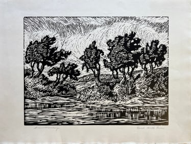 Woodbury, Alleen (1903-2003) Pond with Trees, block print