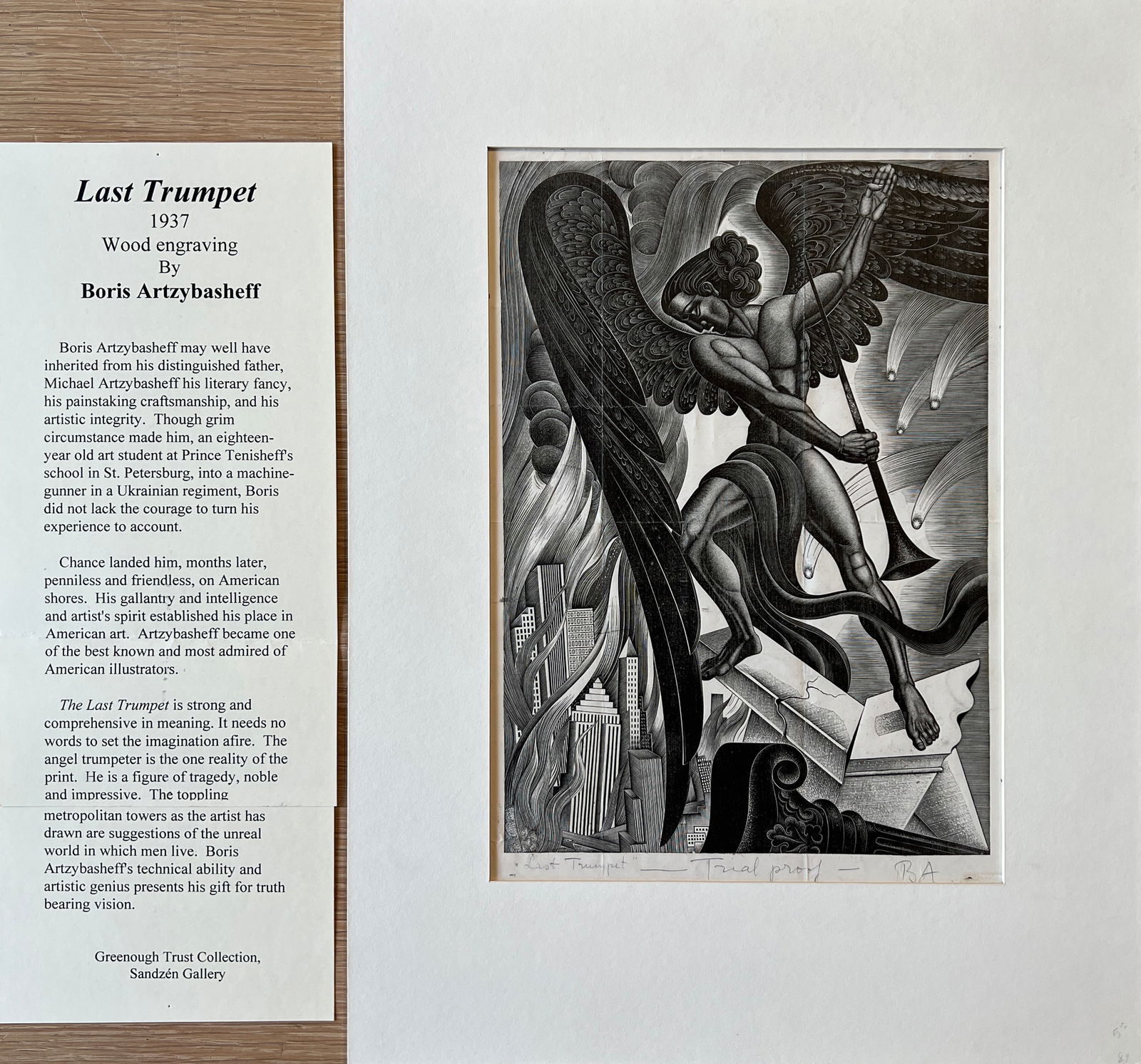 Artzybasheff, Boris (1899-1965) Last Trumpet, 1937 wood engraving, trial proof, pencil signed BA in: Artzybasheff, Boris (1899-1965) Last Trumpet, 1937 wood engraving, trial proof, pencil signed BA in lower right, good condition, mat but no frame, image size: 11.5 x 8 inches. Artzybasheff was born in