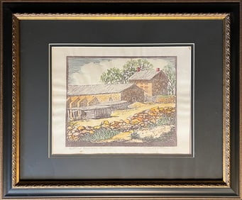 Whittemore, Margaret (1897-1983) "Buttressed Barn Near Lawrence" color blockprint