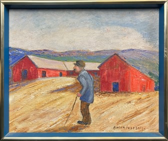 Pearson, Anton (1892-1967) Old man and barns, oil on gauze on board