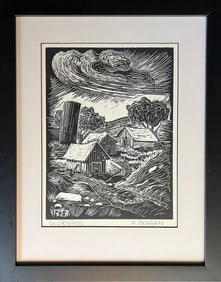 Bergen, Richard (1925-2020) Silo & Sheds, lino-cut