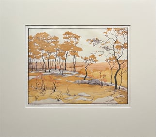 Hall, Norma Bassett (1889-1957) "62/78, Persimmons and Sumac" color wood cut