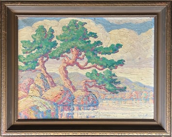 Rein, Leo E (1906-1984) "3 Pines beside the Lake" 1930 oil on canvas