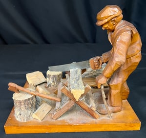 Pearson, Anton (1892-1967) man sawing firewood, woodcarving