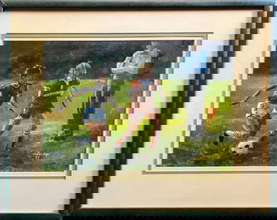 Trowbridge, Douglas, "Soccer" 1977 acrylic on canvas: Trowbridge, Douglas, "Soccer" 1977 acrylic on canvas, signed in lower right, good condition, image size: 9.74 x 14 inches. Newton, Ks artist