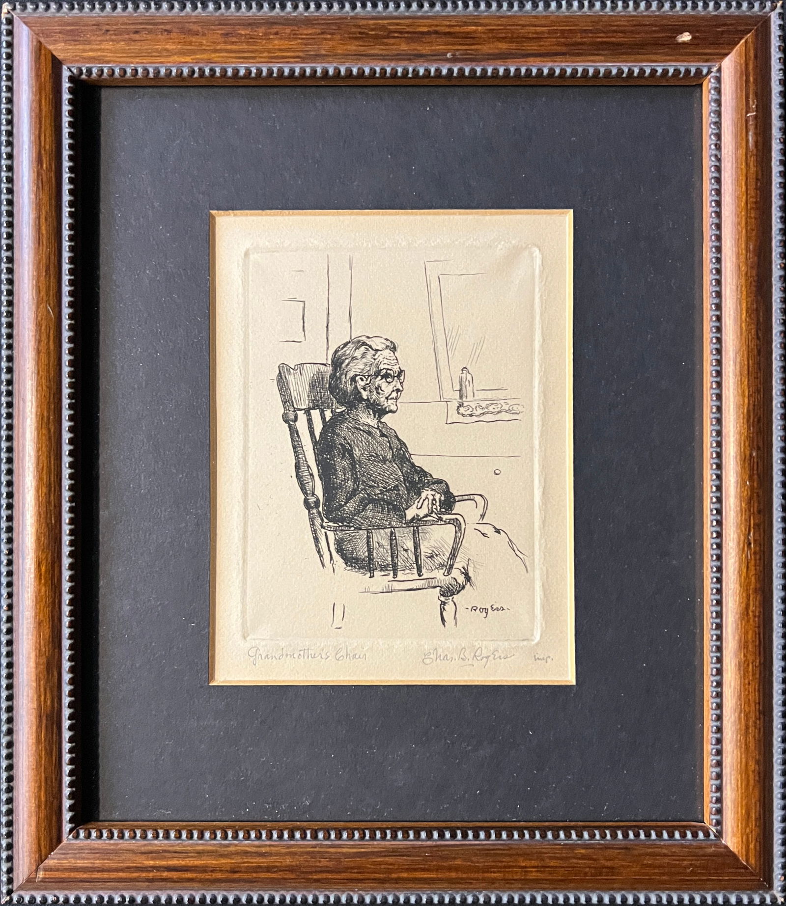 Rogers, Charles (1911-1987) Grandmother's Chair, etching: Rogers, Charles (1911-1987) Grandmother's Chair, etching, good condition, some toning, not examined out of frame, image size: 4 x 3 inches. A natural affinity helped Charles B. Rogers become a superb