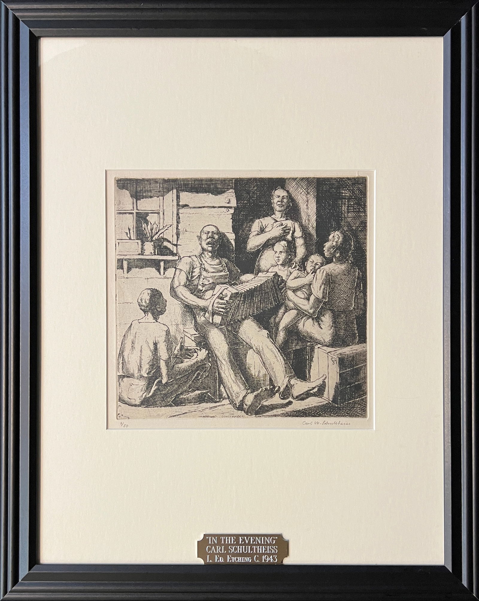 Schultheiss, Carl M. (1885-1961) In the Evening, etching: Schultheiss, Carl M. (1885-1961) In the Evening, etching, pencil signed in lower right, good condition, image size: 8 x 8.5 inches.