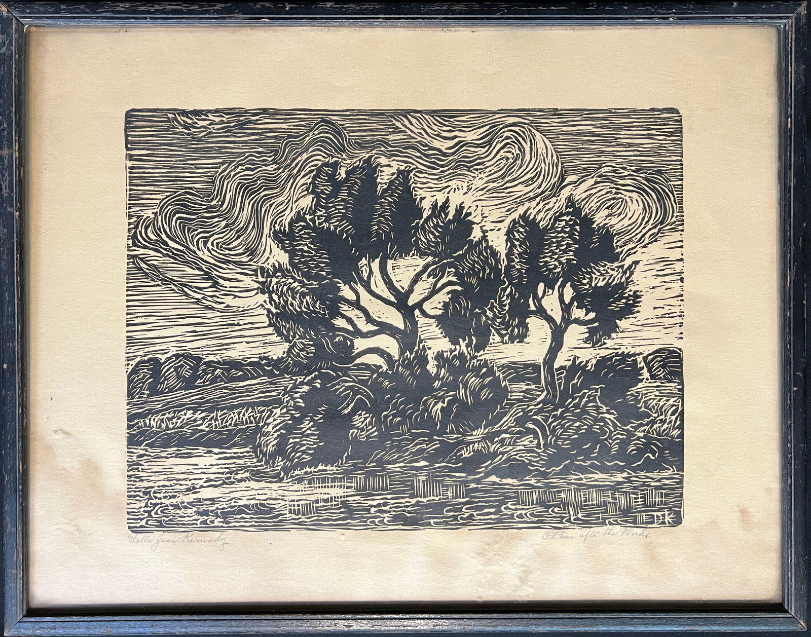 Kennedy, Della (1887-1967) "Old Trees After the Flood" linoleum cut: Kennedy, Della (1887-1967) "Old Trees After the Flood" linoleum cut, pencil signed in lower left, fair condition, overall toning and water stains, (artwork not viewed out of frame) image size: 9 x 11.