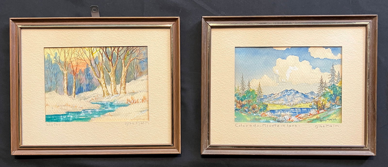 Malm, Alba (1897-1986) pair of landscapes, watercolors: Malm, Alba (1897-1986) pair of landscapes, watercolors, signed in lower right, good condition, not examined out of frames, images sizes: 4.5 x 6.25 inches each. Alba Malm (1897-1986) was born Lindsbor