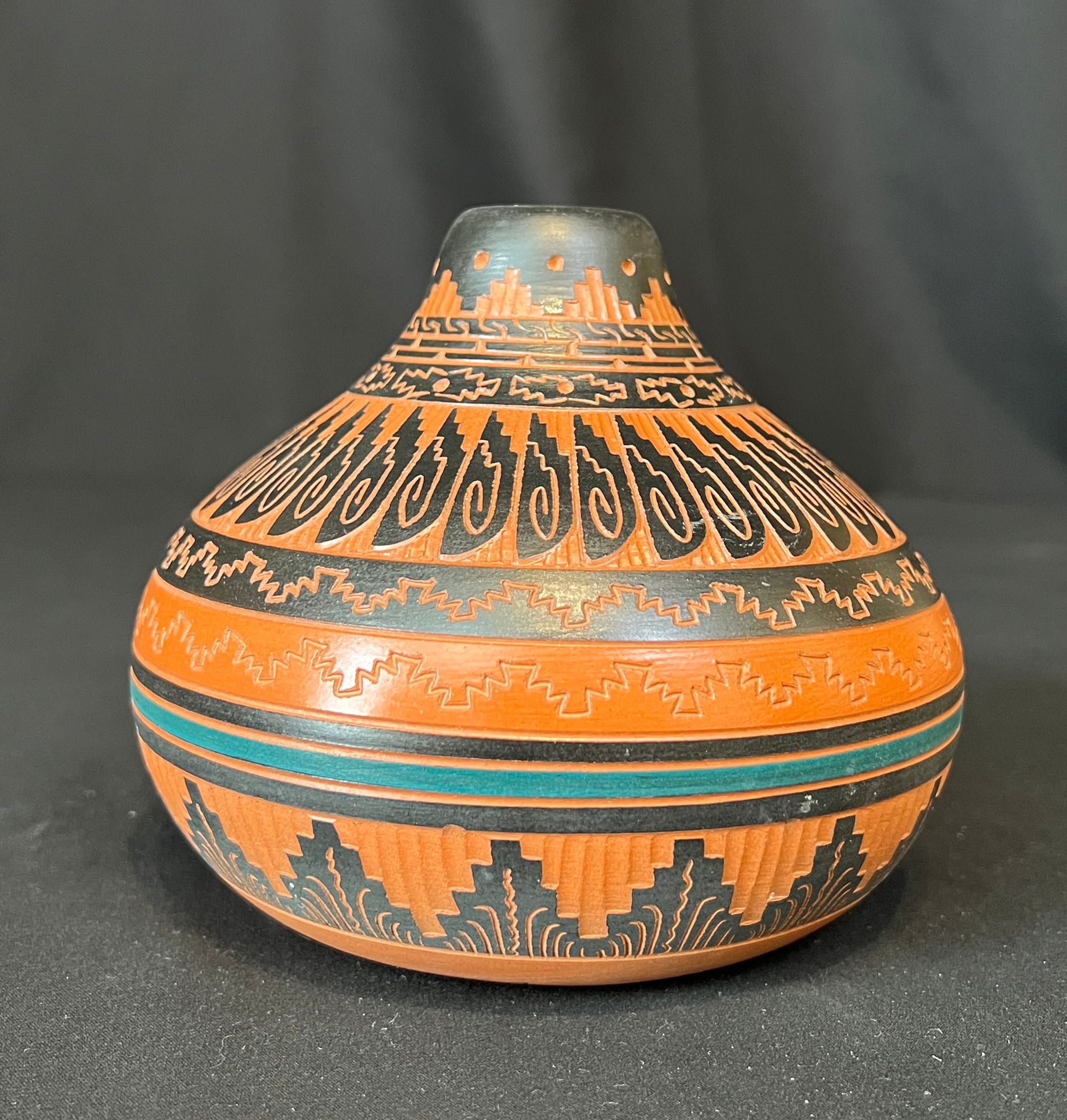 Unknown, "Touch of Dineh-Navajo" 2014, pottery: Unknown, "Touch of Dineh-Navajo" 2014, pottery, hand coil built, unreadable signature on bottom, good condition, no visible chips or cracks, size: 5.25 x 6 x 6 inches.
