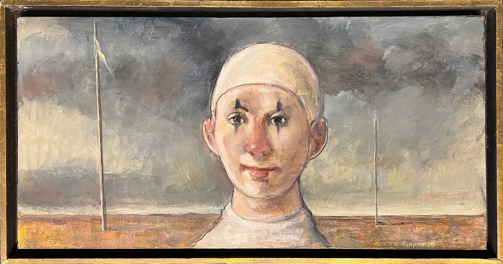 Raymer, Lester (1907-1991) boy with skull cap, 1988 oil on board: Raymer, Lester (1907-1991) boy with skull cap, 1988 oil on board, signed in lower right, good condition, size with Raymer's frame: 10 x 19 inches. Lester Raymer, born in 1907, grew up on a farm just s