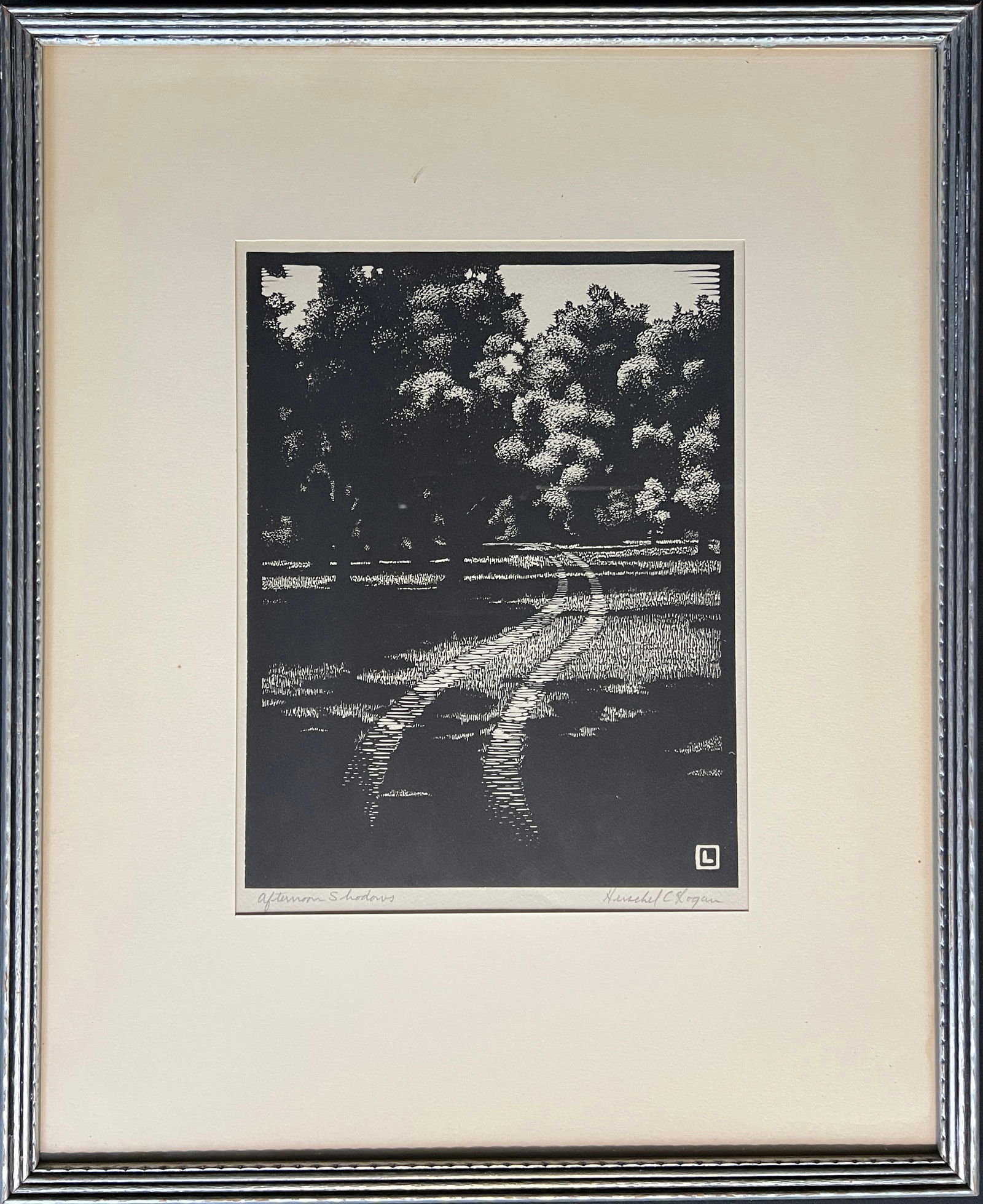 Logan, Herschel (1901-1987) "Afternoon Shadows" woodcut: Logan, Herschel (1901-1987) "Afternoon Shadows" woodcut, pencil signed in lower right, good condition, not examined out of frame, image size: 9 x 7 inches. Logan was a charter member of the Prairie Pr