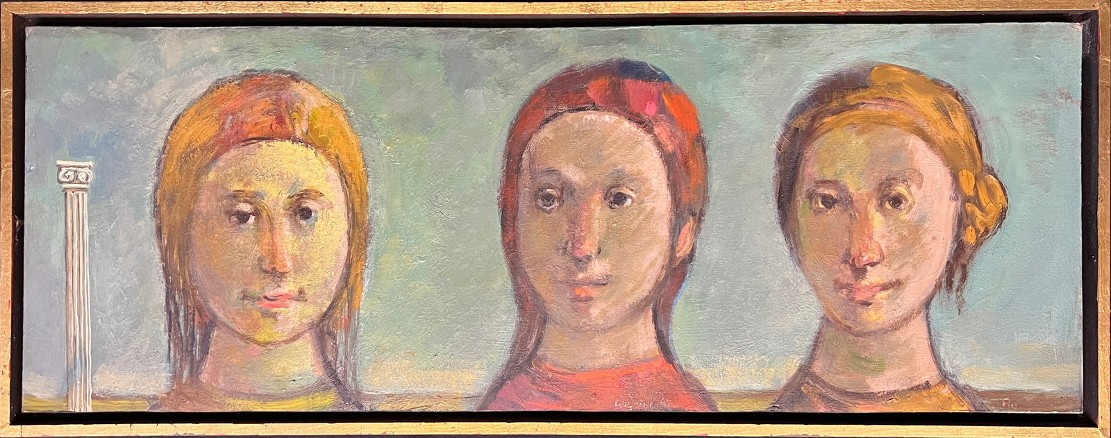 Raymer, Lester (1907-1991) "Three Graces" 1982 oil on board: Raymer, Lester (1907-1991) "Three Graces" 1982 oil on board, signed and dated in lower center, good condition with Raymer's frame, painting with frame size: 10.75 x 27.5 inches. Lester Raymer, born in