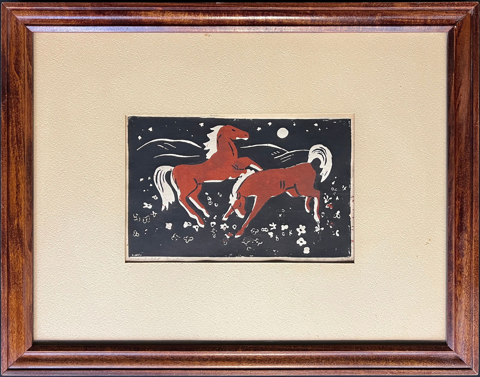 Schmidt, Shirley (1924-2012) "Moonlight Frolic" linoleum cut: Schmidt, Shirley (1924-2012) "Moonlight Frolic" linoleum cut, pencil signed in lower right, good condition (artwork not viewed out of frame) image size: 5 x 8 inches. Schmidt graduated from the Univer