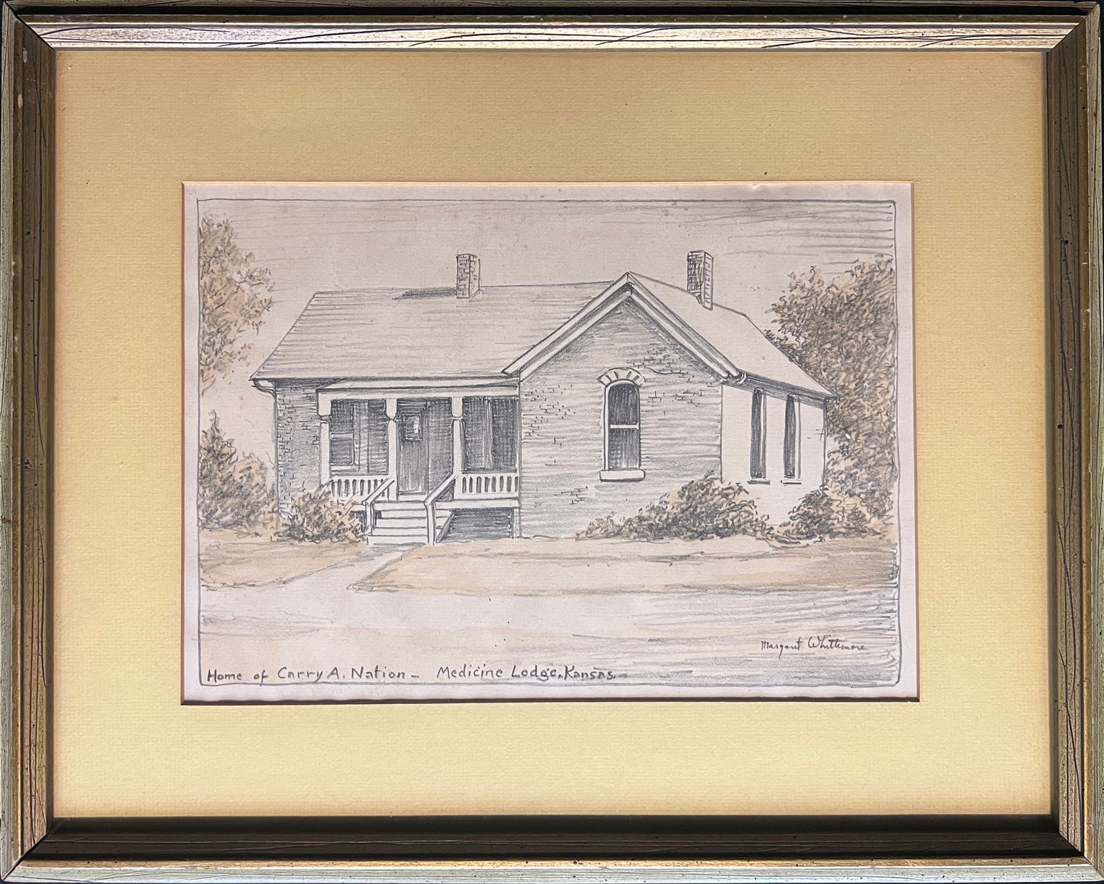 Whittemore, Margaret (1897-1983) Home of Carry A. Nation, graphite and color pencil: Whittemore, Margaret (1897-1983) Home of Carry A. Nation, graphite and color pencil, signed in lower right, good condition, not examined out of frame, image size: 7.25 x 10.5 inches. Graphic artist, M