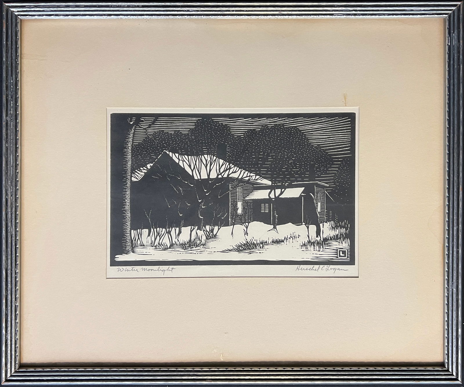 Logan, Herschel (1901-1987) "Winter Moonlight" woodcut: Logan, Herschel (1901-1987) "Winter Moonlight" woodcut, pencil signed in lower right, good condition (artwork not viewed out of frame), image size: 5 x 8 inches. Logan was a charter member of the Prai