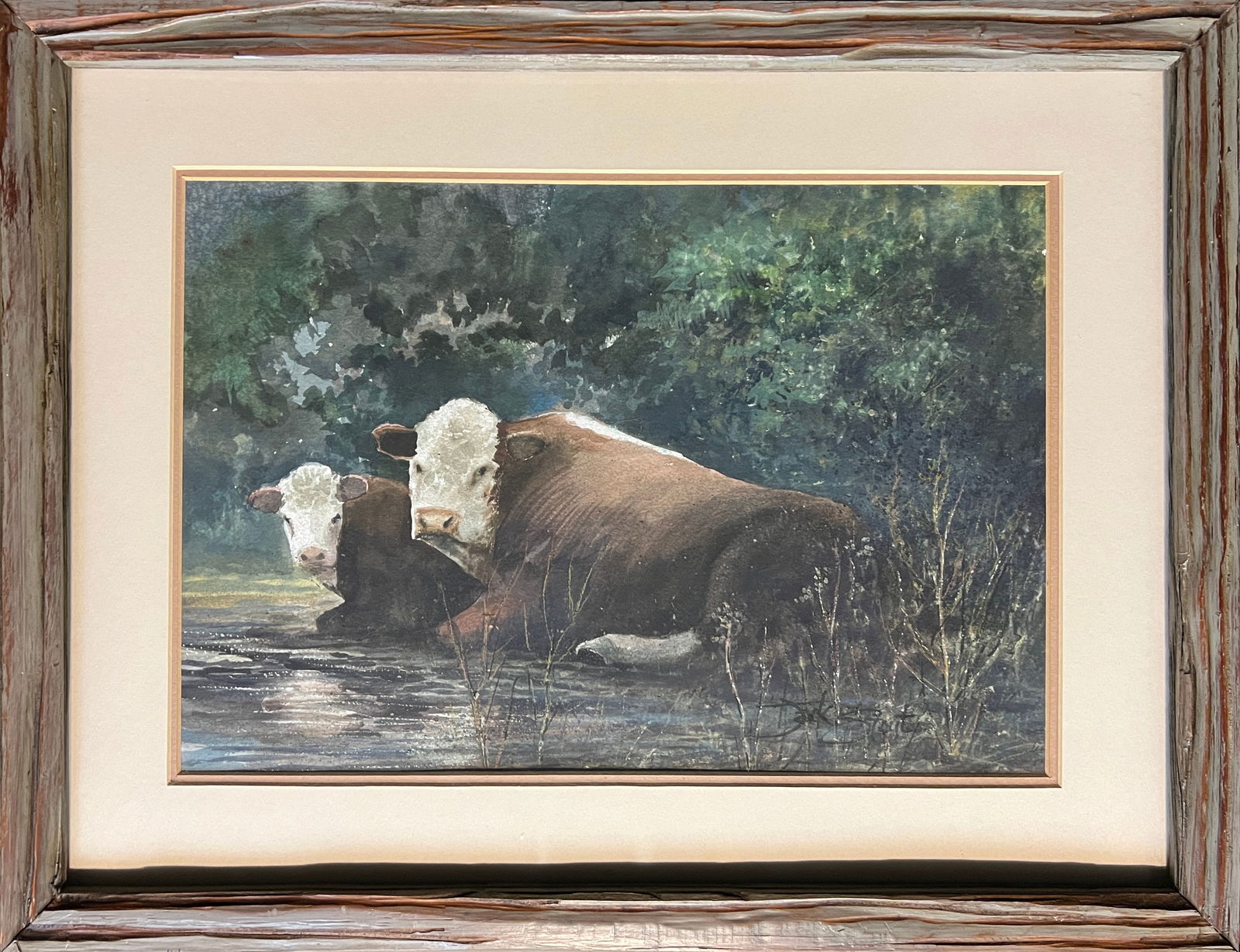 Stout, Jack, (1937-2003) Hereford cattle, watercolor: Stout, Jack, (1937-2003) Hereford cattle, watercolor, signed in lower right, good condition, not viewed outside of frame, image size: 9.75 x 14.25 inches. Jack Stout was a Kansas painter who taught ar
