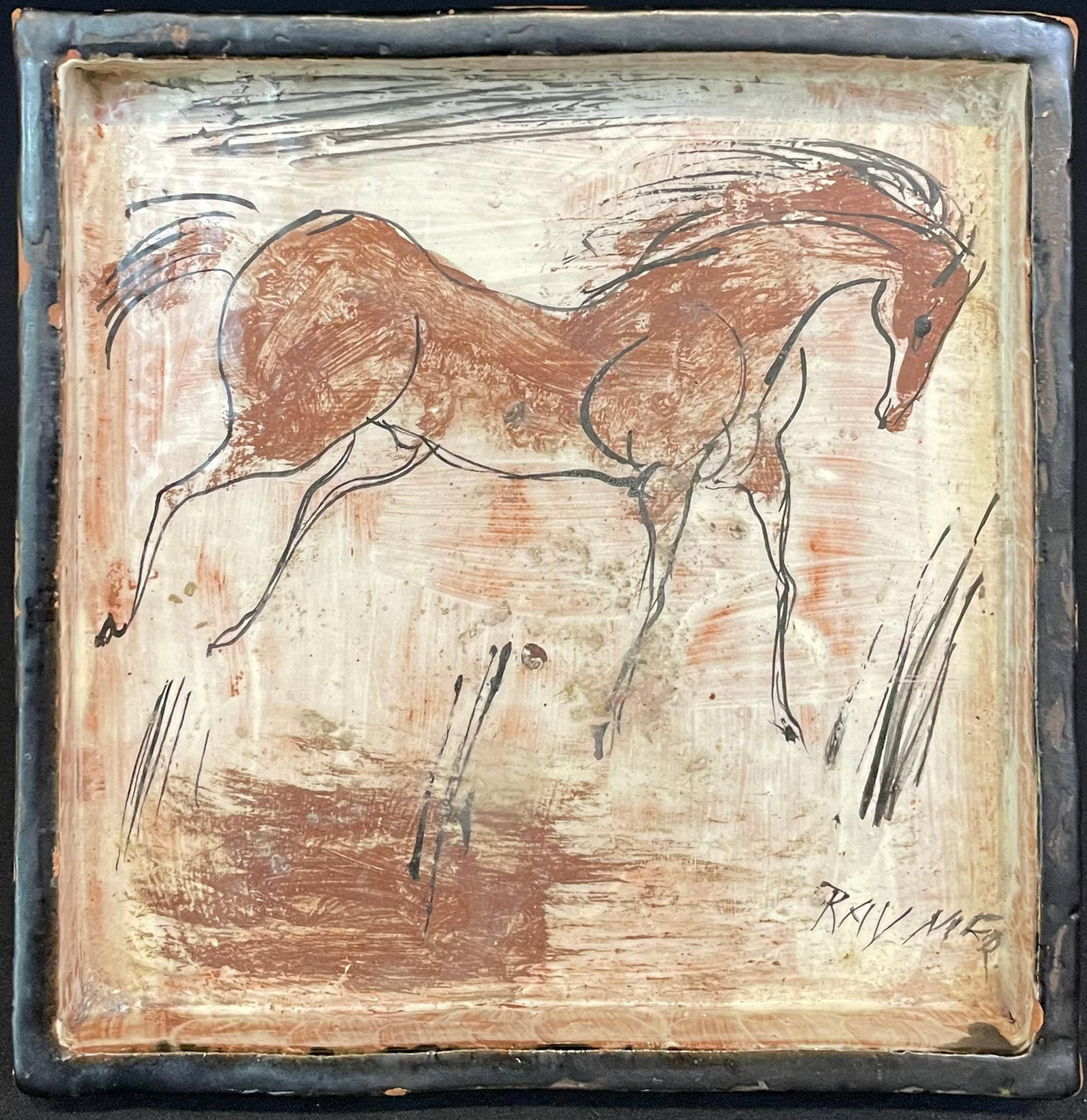 Raymer, Lester (1907-1991) ceramic tray, untitled horse tray: Raymer, Lester (1907-1991) ceramic tray, untitled horse tray, signed Raymer in lower right and Raymer's 3 stamps on back, good condition, no chips or cracks, tray size:6.25 x 6.25 x 1 inch.Lester Raym