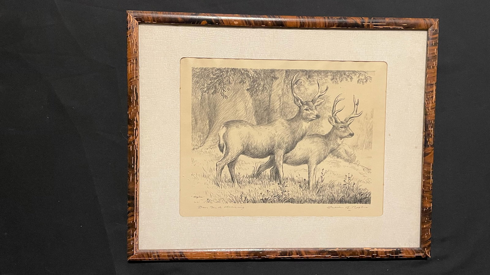 Rogers, Charles (1911-1987) lithograph, Deer in a Clearing (1 of 4)