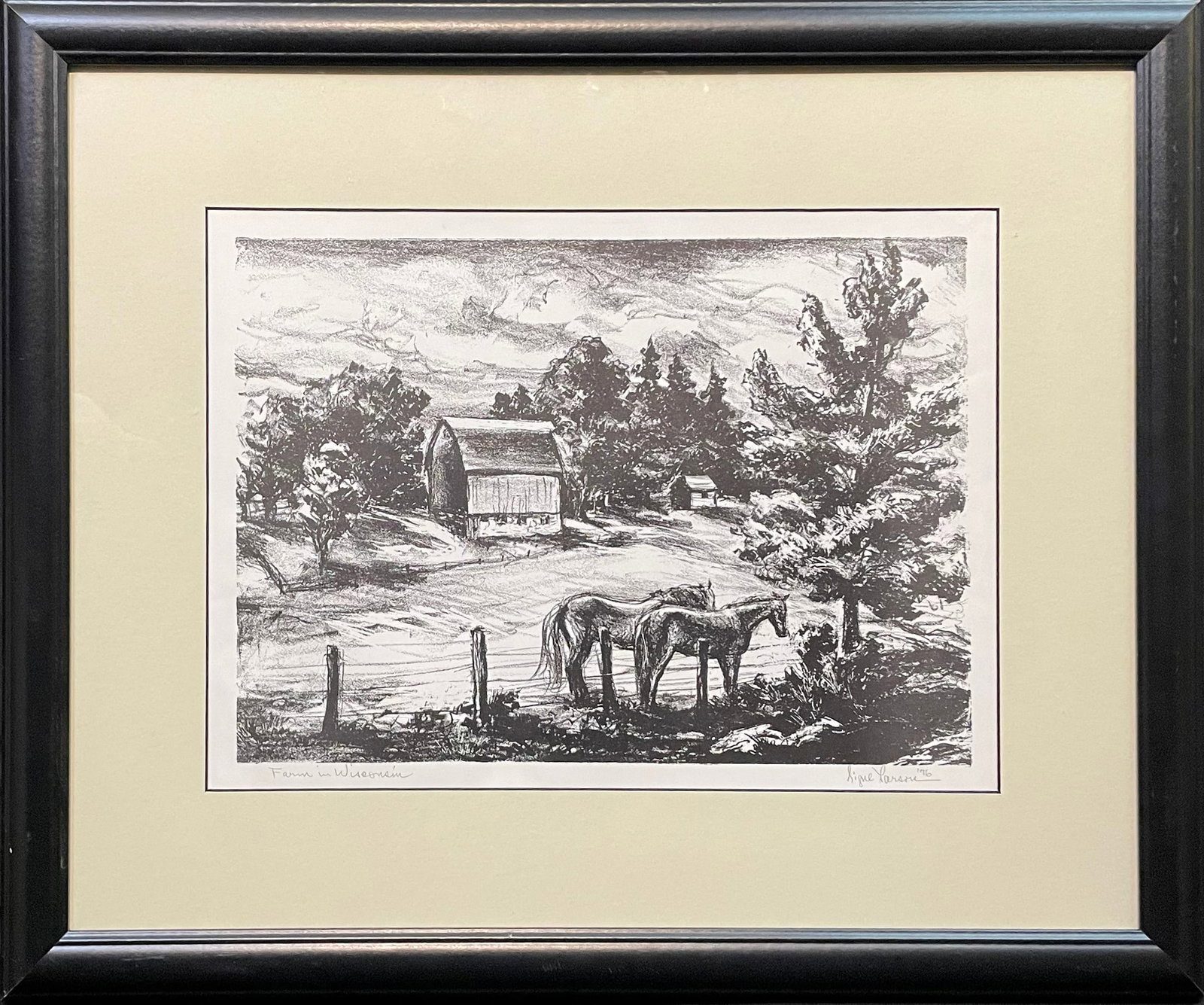Larson, Signe (1908-1993)1976 lithograoph, Farm in Wisconsin: Larson, Signe (1908-1993) 1976 lithograoph, Farm in Wisconsin, pencil signed in lower right, good condition, not examined out of frame, image size: 9.75 x 13.5 inches. Signe Larson (1908-1993) was bor