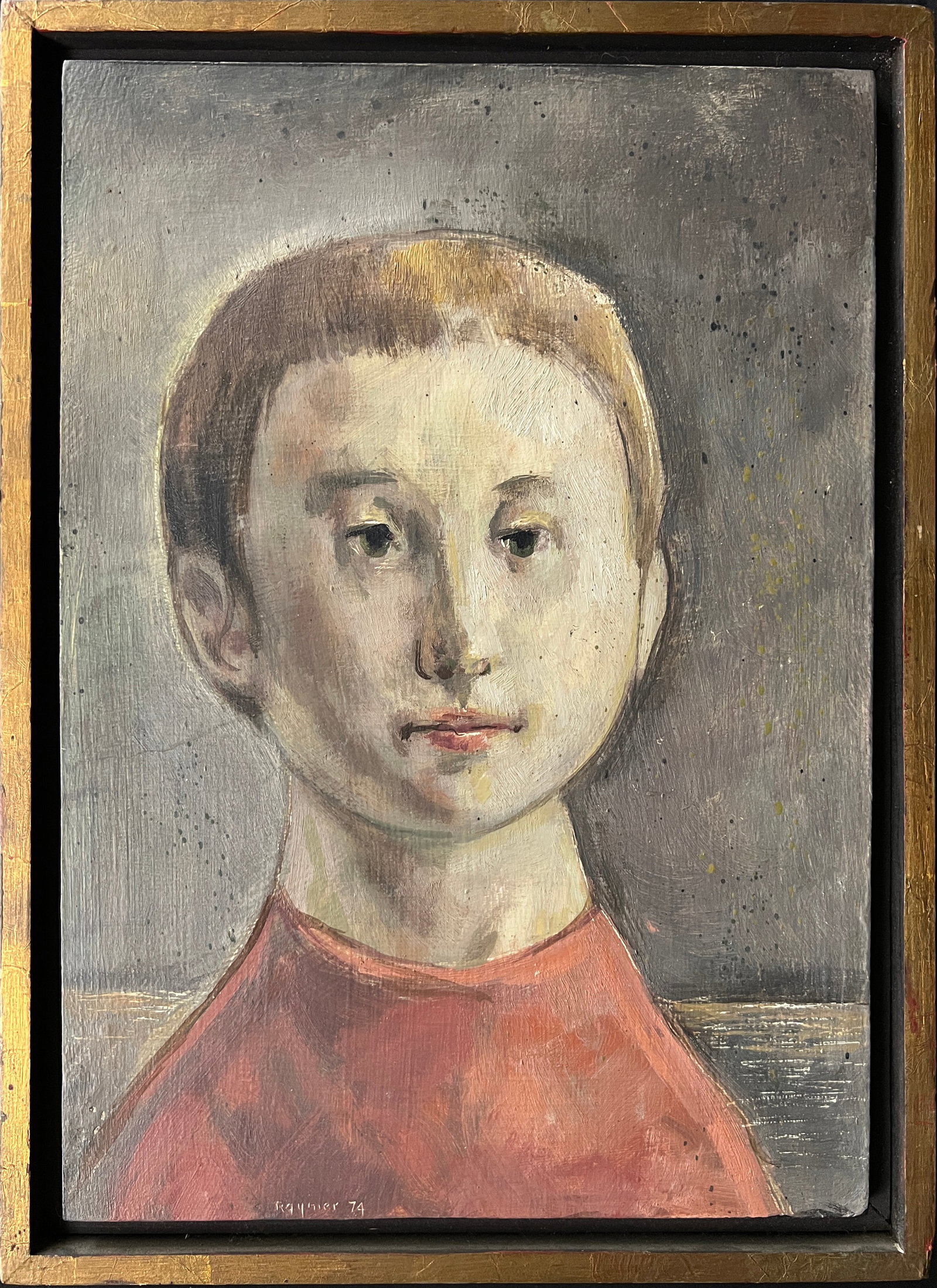 Raymer, Lester (1907-1991) oil on board, 1974 untitled boy in red shirt: Raymer, Lester (1907-1991) oil on board, untitled boy in red shirt, signed Raymer in lower left, good condition, size with Raymer frame11.25 x 8.25 inches. Lester Raymer, born in 1907, grew up on a fa