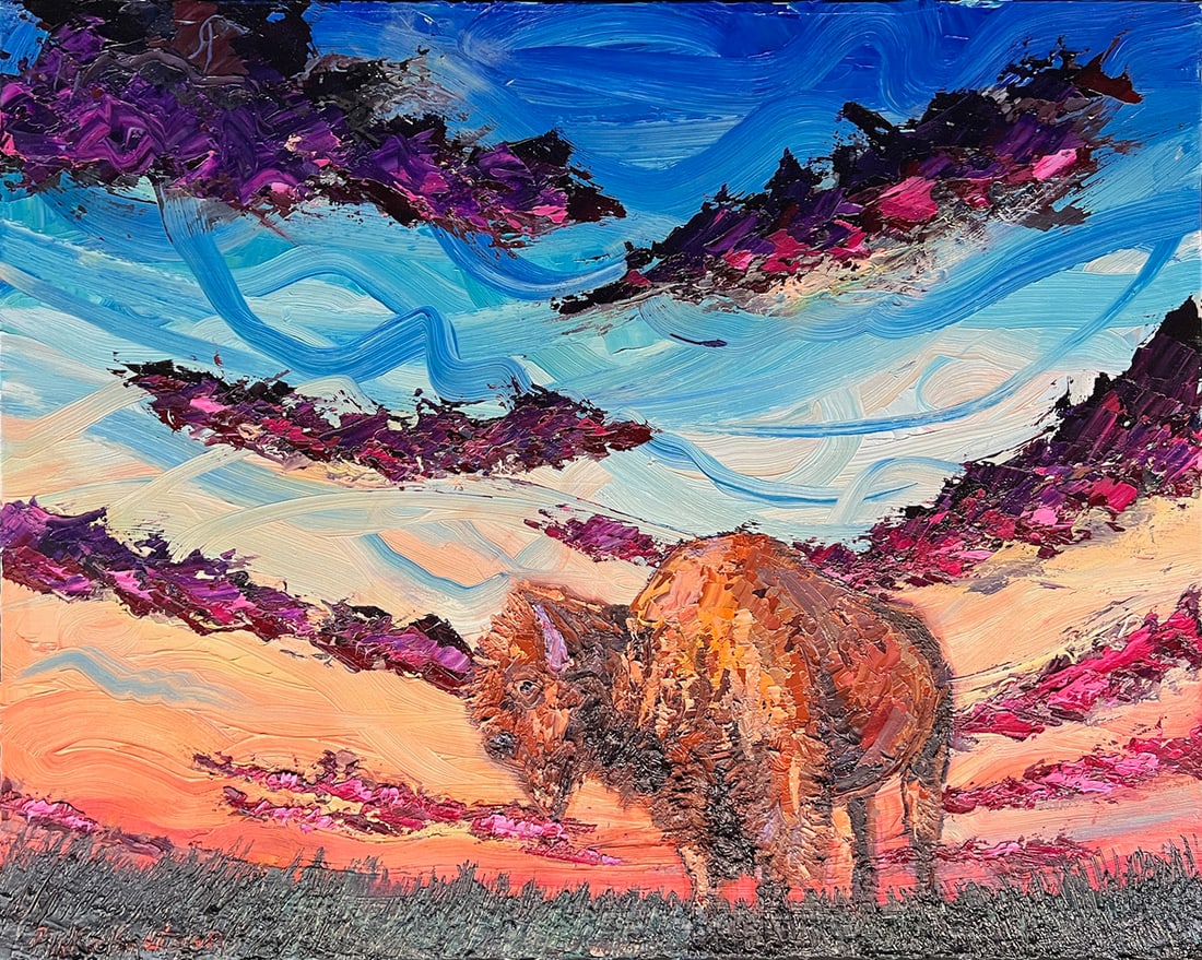 Knutson, Micheal, oil on canvas, Bison with Thick Paint: Knutson, Micheal, oil on canvas, Bison with Thick Paint, signed Micheal Knutson in lower left, good condition, canvas size: 24.25 x 30.25 inches.