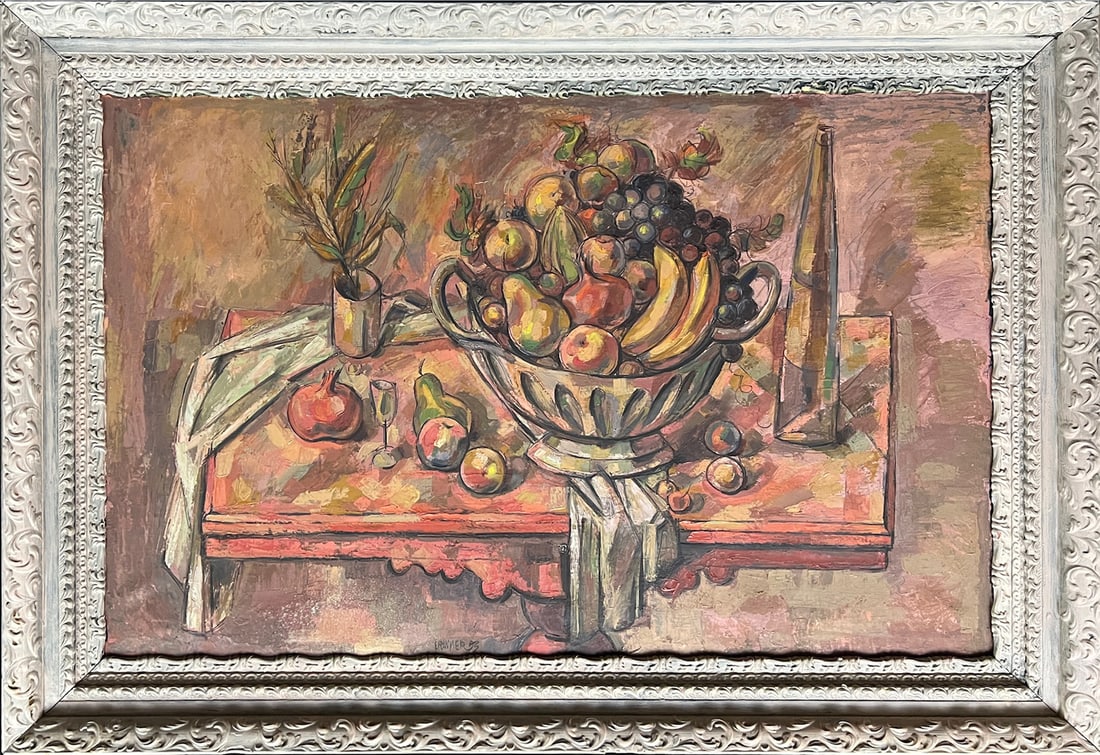 Raymer, Lester (1907-1991) 1953 oil on canvas, early still life: Raymer, Lester (1907-1991) 1953 oil on canvas, early still life, signed L Raymer in lower. center, good condition, dirty with some white spritz in lower center just left of signature, canvas is torn o