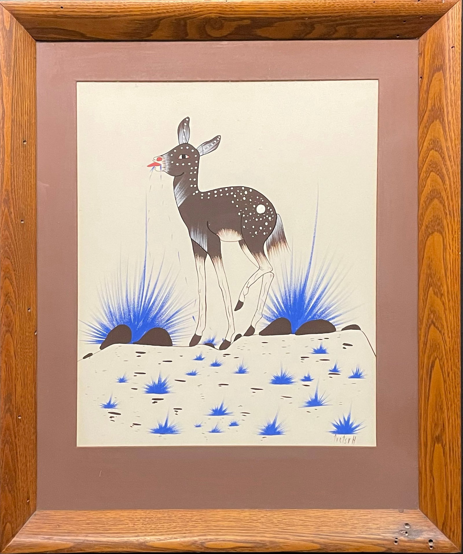 Tartsah, Jim (1934-1984) gouache on paper, untitled deer: Tartsah, Jim (1934-1984) gouache on paper, untitled deer, signed in lower right, good condition, not examined out of frame, image size: 16.5 x 13.5 inches. Oklahoma artist, Jim Tartsah did not have an