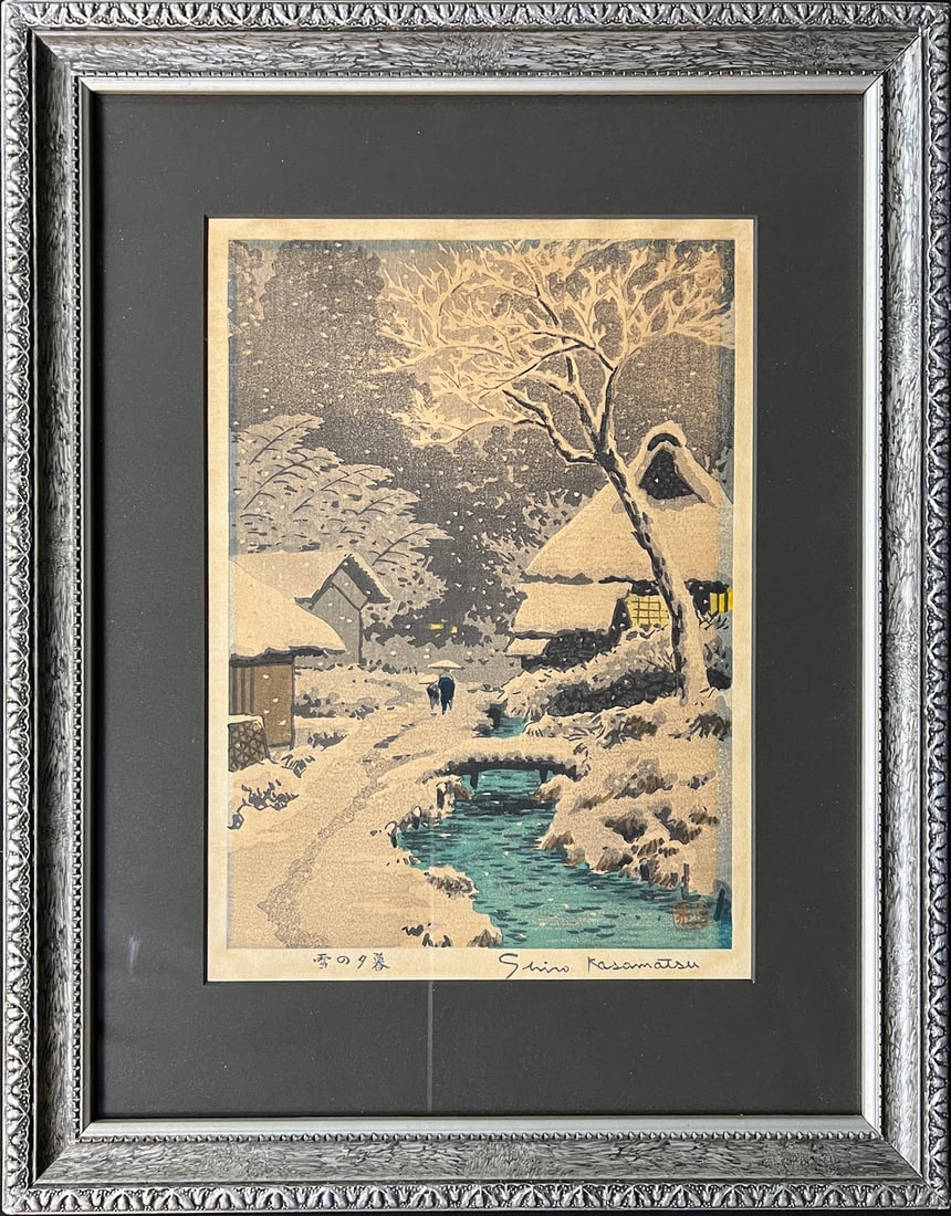 Kasamatsu, Shiro (1898-1991) color wood block print, Evening Snow: Kasamatsu, Shiro (1898-1991) color wood block print, Evening Snow, signed Shiro Kasamatsu in lower right, good condition, not examined out of frame, image size: 10.25 x 7.25 inches. Shiro Kasamatsu (1