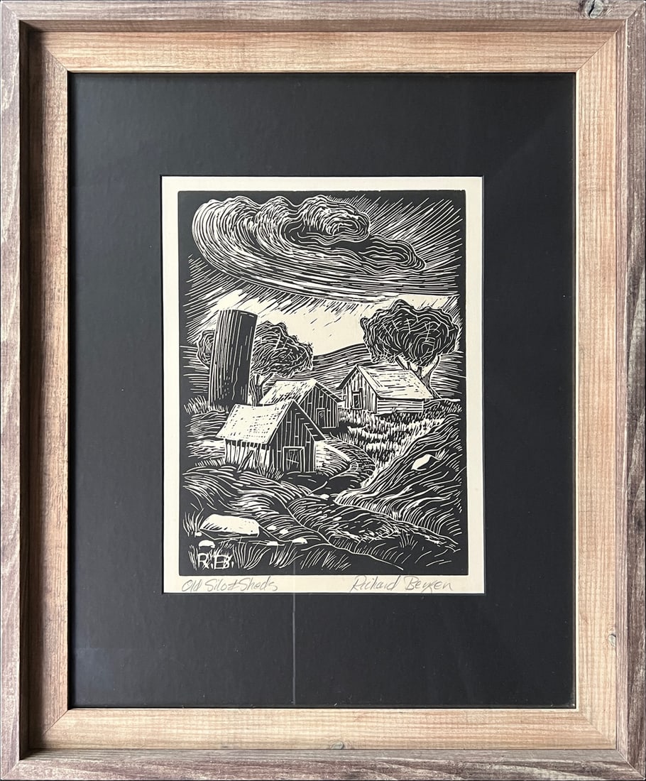 Bergen, Richard (1925-2020) block print, Old Silos & Sheds (1 of 5)