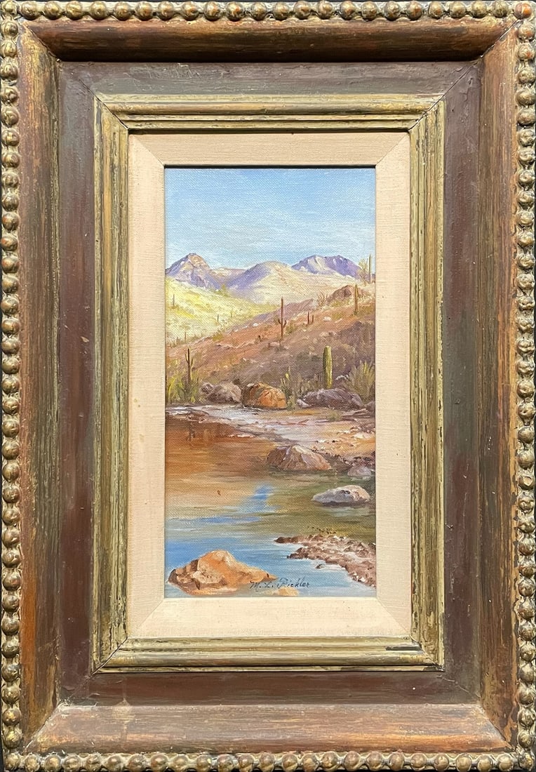Pickler, M.L. oil on board, desert landscape: Pickler, M.L. oil on canvas board, desert landscape, signed M.L. Pickler in lower center, good condition, image size: 12.75 x 6.5 inches.