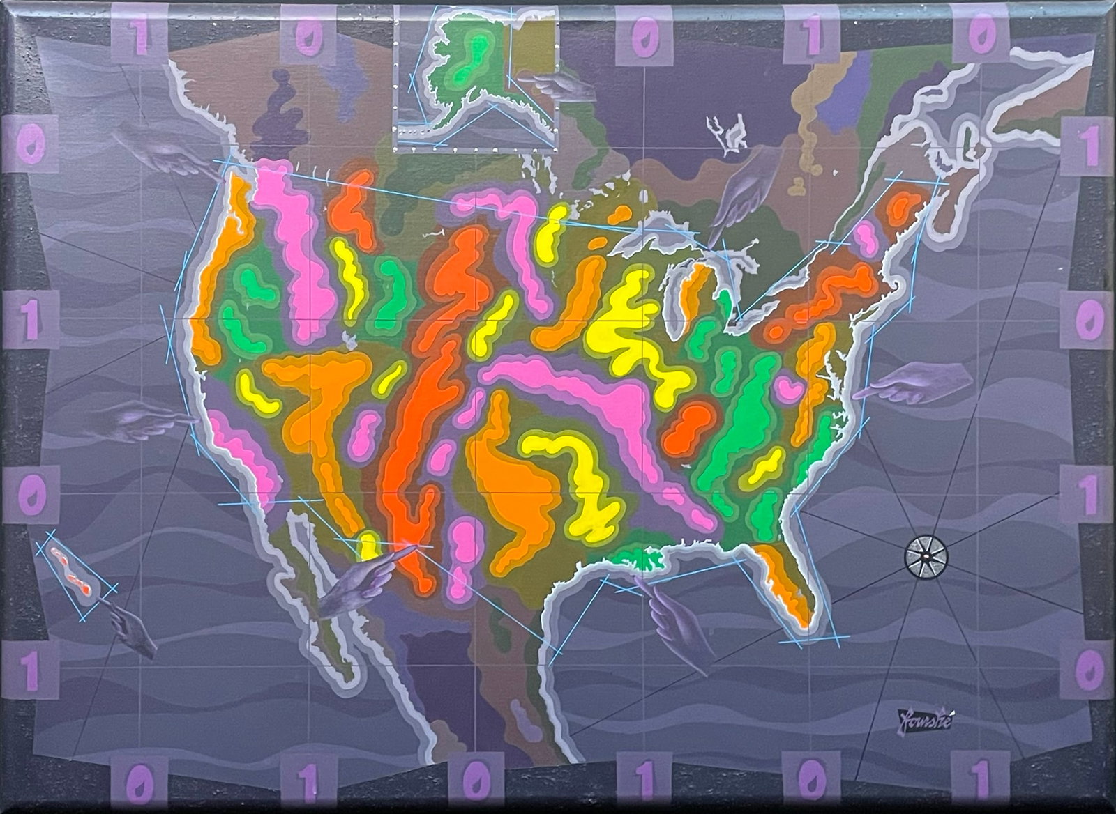 Fourshe, Patric (1943-2008) acrylic on canvas, US Map: Fourshe, Patric (1943-2008) acrylic on canvas, US Map, signed Fourshe in lower right, good condition, some lint from storage stuck on canvas, canvas size: 28.5 x 40.5 inches.
