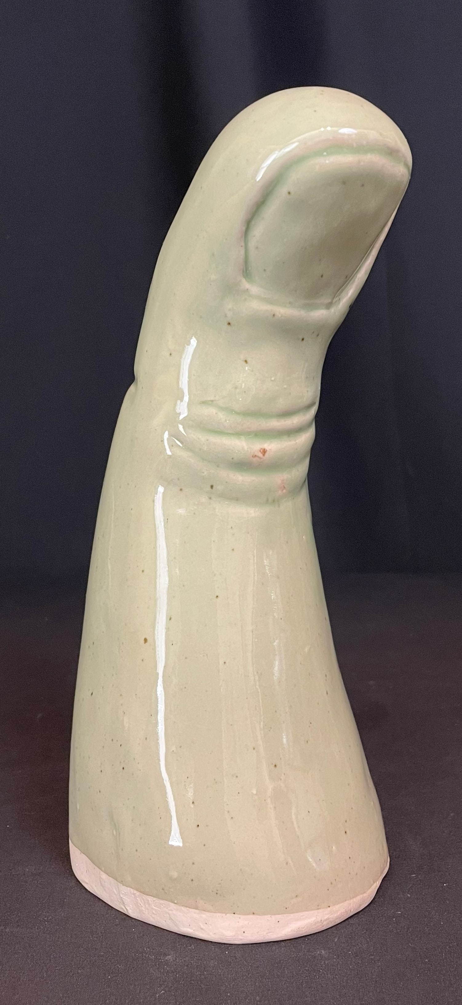 McCallum, Brian, ceramic, Green Thumb Large: McCallum, Brian, ceramic, Green Thumb Large, no visible signature, good condition, one small chip on inside of foot, sculpture size: 11 x 4.5 x 4.5 inches. McCallum is an artist and educator living on