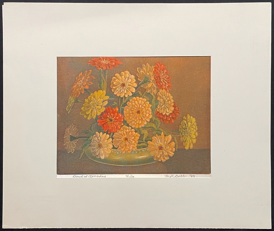 Bebb, Maurice (1891-1986) 1949 color etching, Bowl of Zinnias: Bebb, Maurice (1891-1986) 1949 color etching, Bowl of Zinnias, pencil signed M.R. Bebb in lower right, good condition, image size: 8 x 10 inches. Printmaker Maurice Bebb was born in Chicago, Illinois,